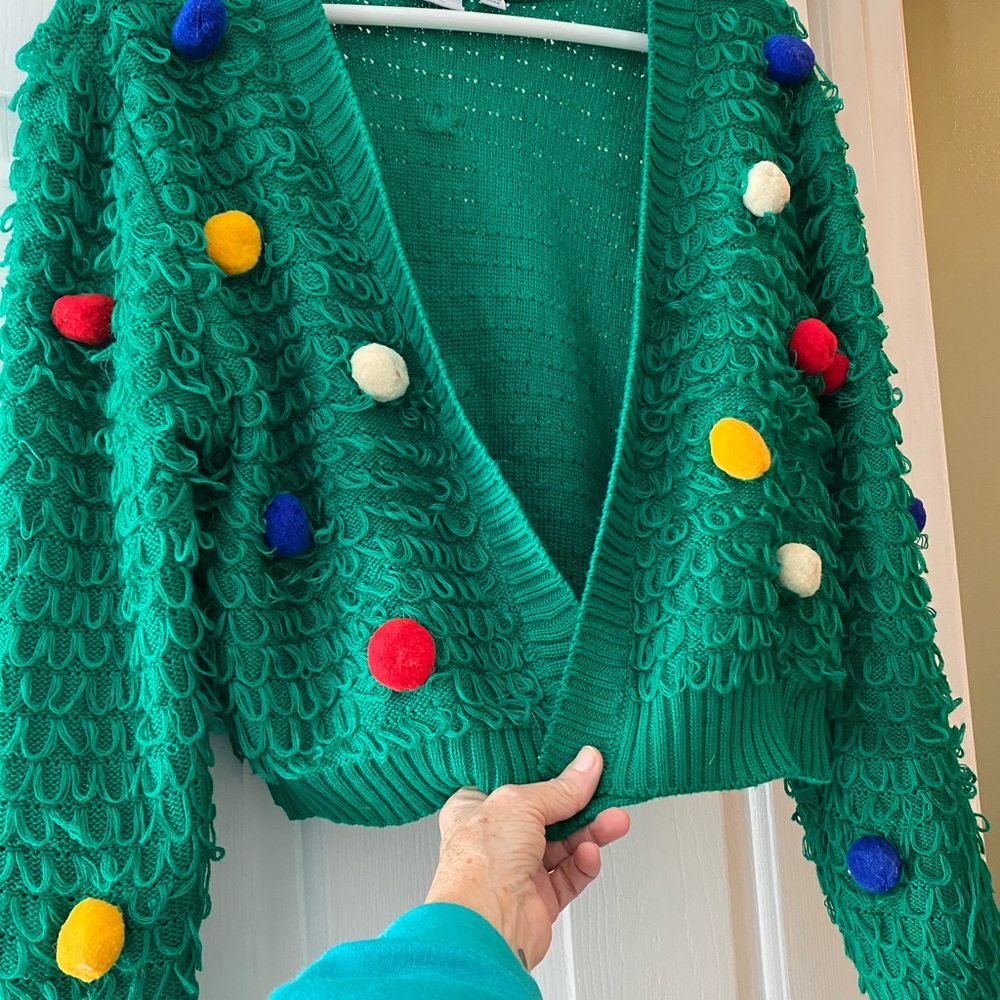 Mighty Fine Green Sweater with Colorful Pom-Pom’s